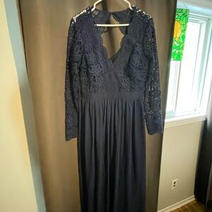 Elegant Navy Lace Long Sleeve Dress